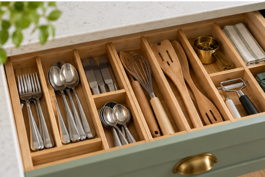 Open kitchen drawer with bamboo dividers separating silverware, wooden utensils, measuring tools, and kitchen accessories.