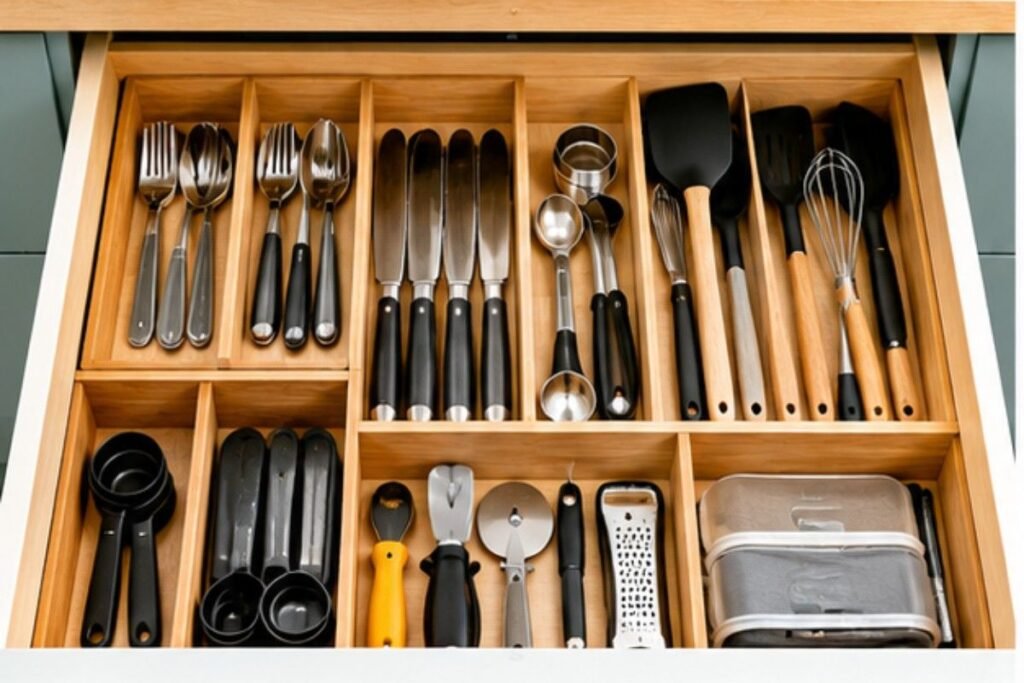 Small kitchen drawer organization with dividers for utensils and cooking tools