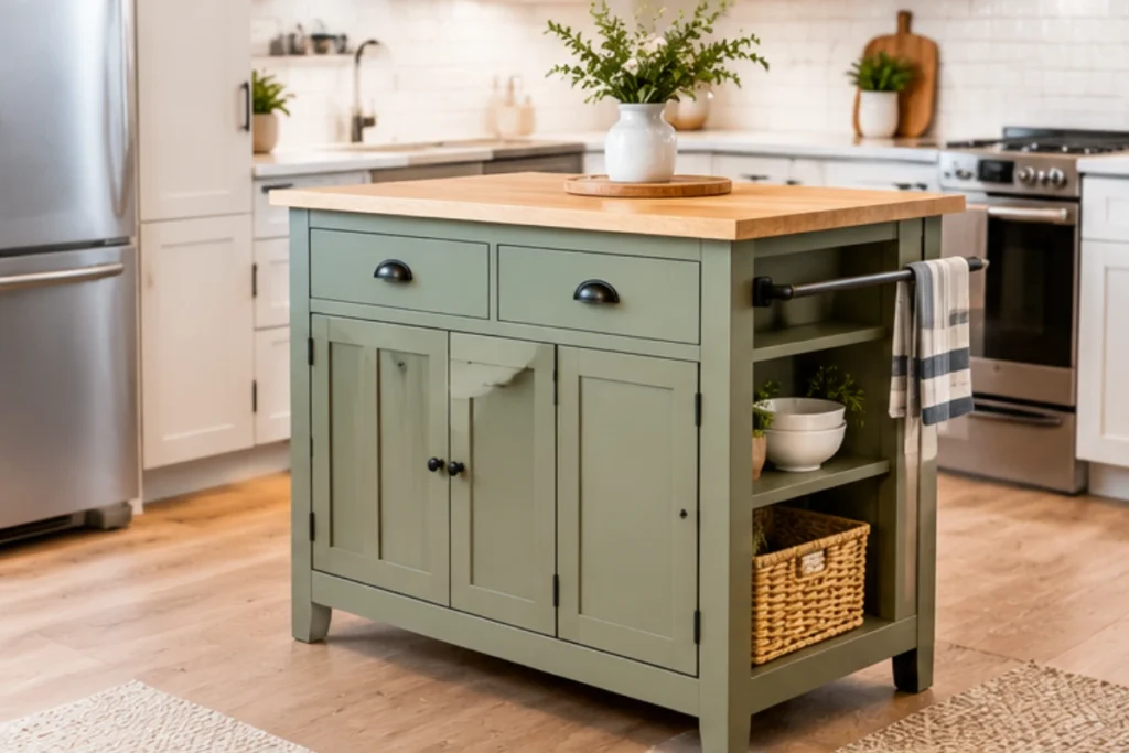 Small kitchen island ideas featuring a sage green island with drawers, cabinets, and open storage shelves
