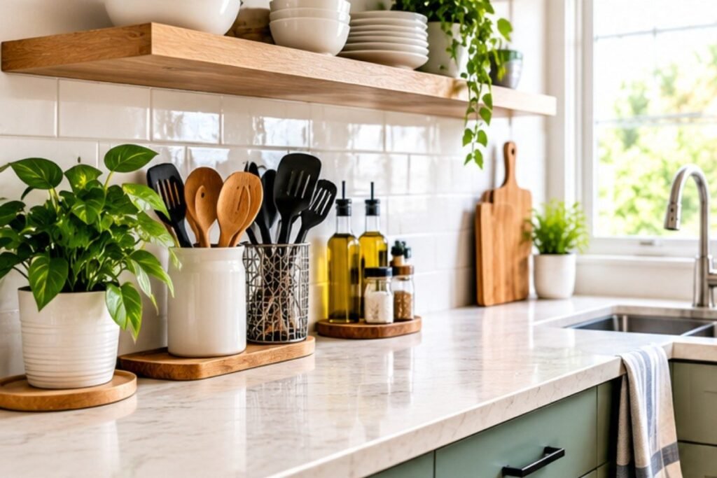 Organized small kitchen with separate cooking and preparation zones