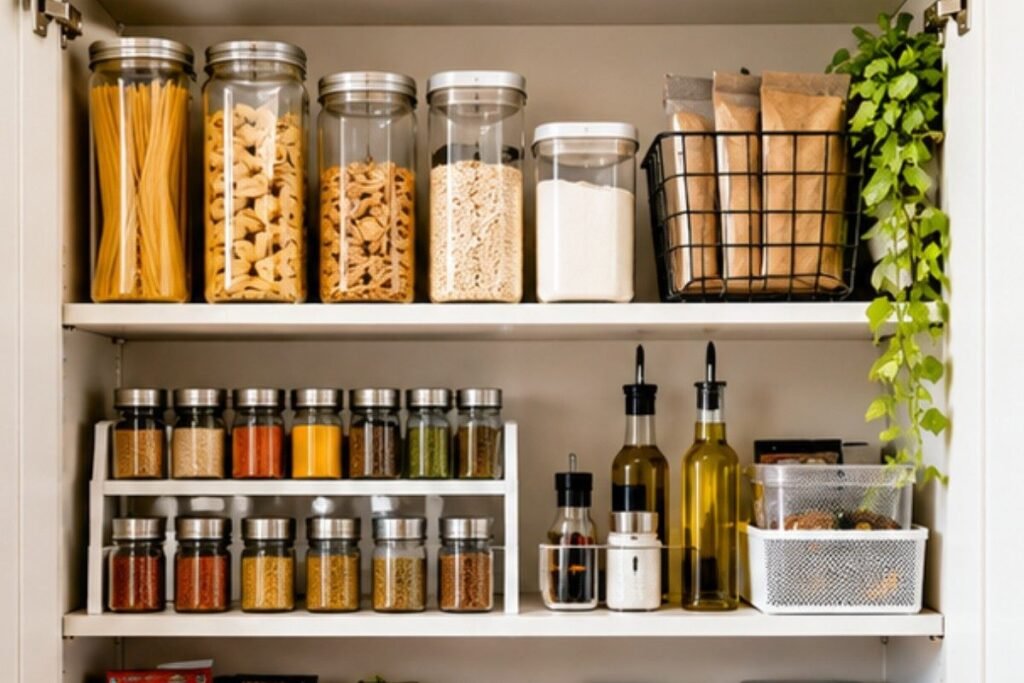 Small kitchen pantry organization with food containers baskets and shelves