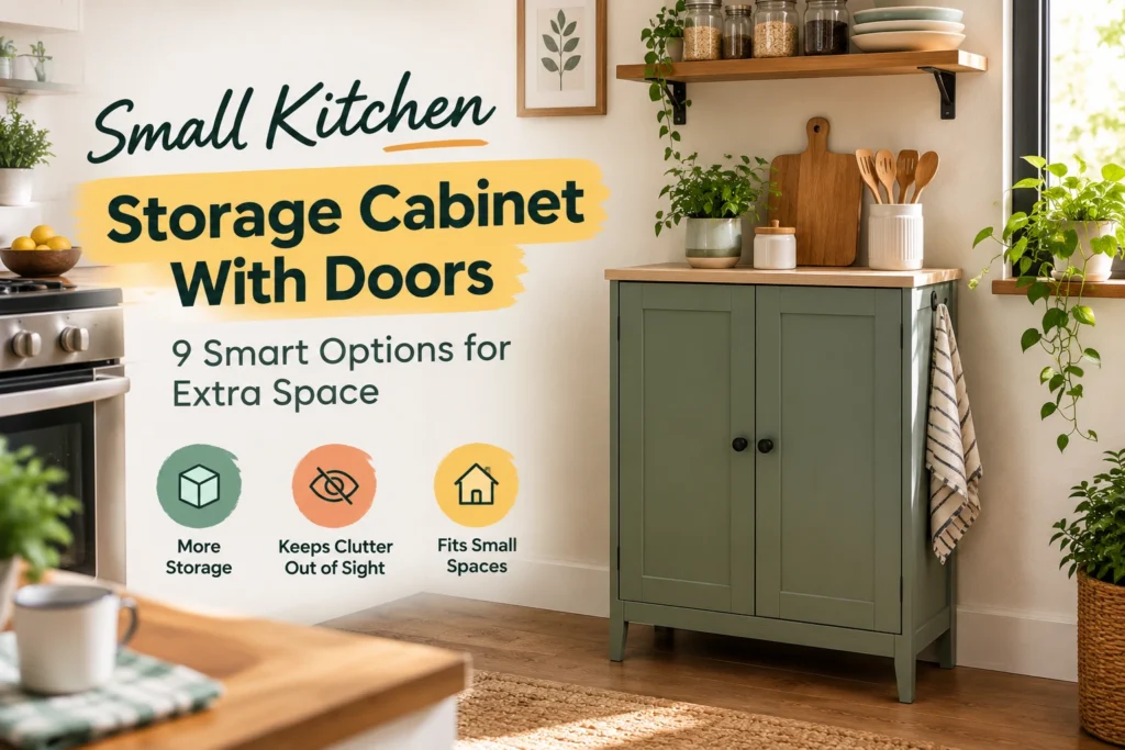 Cream small kitchen storage cabinet with doors and a wooden countertop