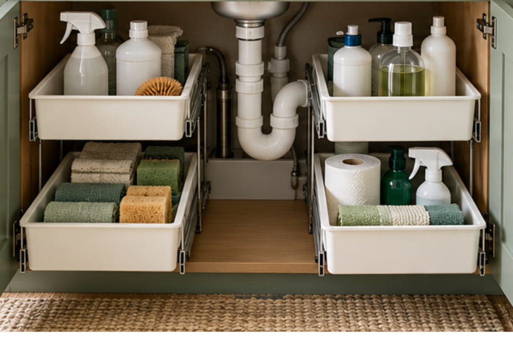 Open under-sink cabinet with pull-out organizers holding cleaning bottles, sponges, and cloths around the plumbing.