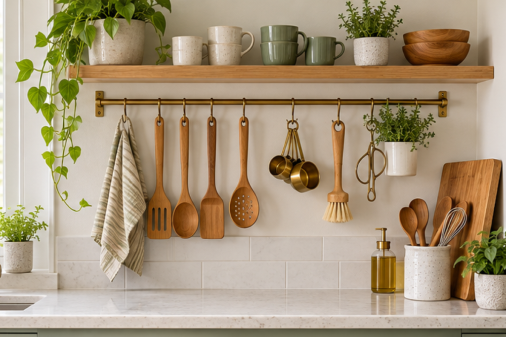 Kitchen wall rail holding cooking utensils and measuring cups beneath a wooden shelf with mugs.