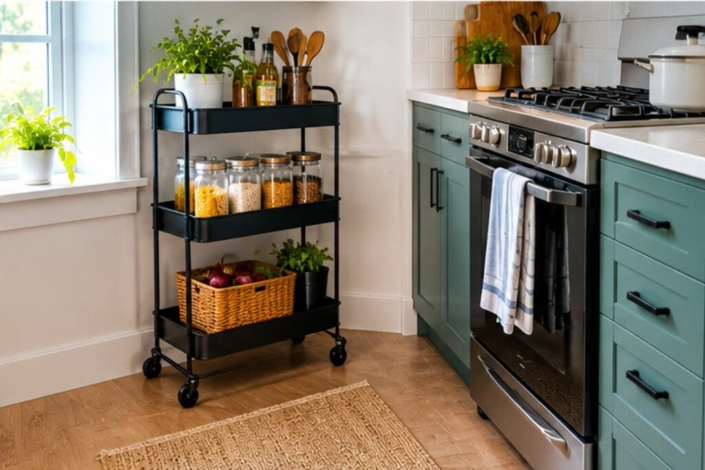 Small kitchen wall storage with open shelves hanging utensils and cooking tools
