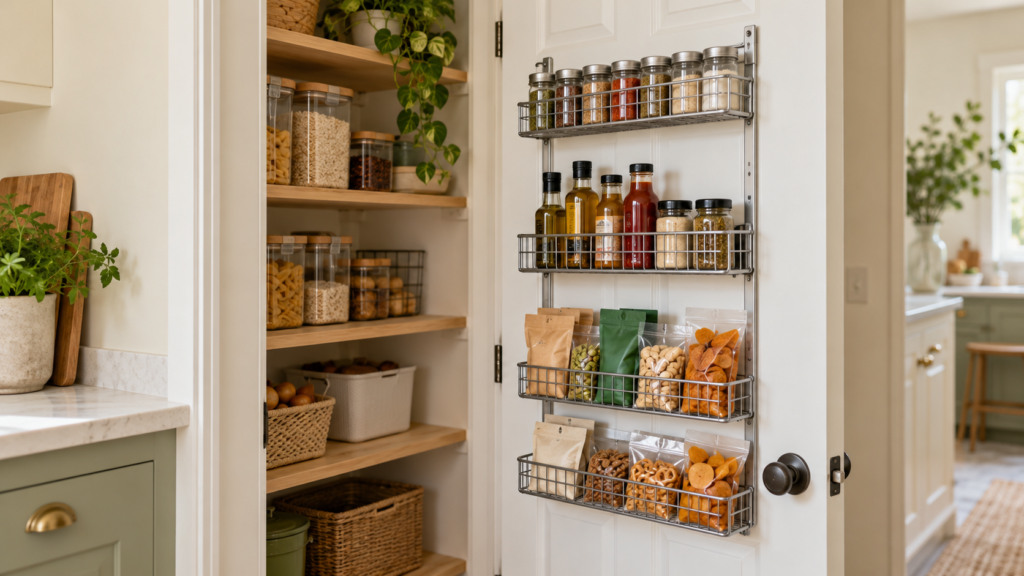Metal rack mounted inside a white pantry door holding spice jars, sauce bottles, and snack packets.