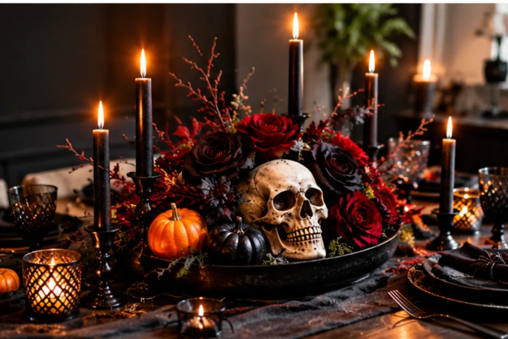 Spooky Halloween centerpiece with a skull, black candles, dark roses, and pumpkins.