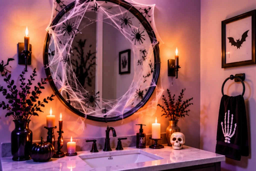 Halloween bathroom mirror decorated with faux spiderwebs, candles, pumpkins, and purple ambient lighting.