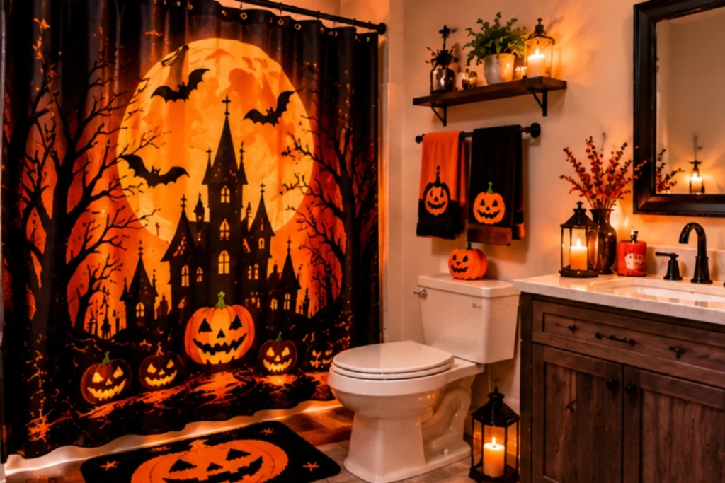 Spooky Halloween bathroom with a haunted-house shower curtain, moonlit castle design, and pumpkin bath mat.