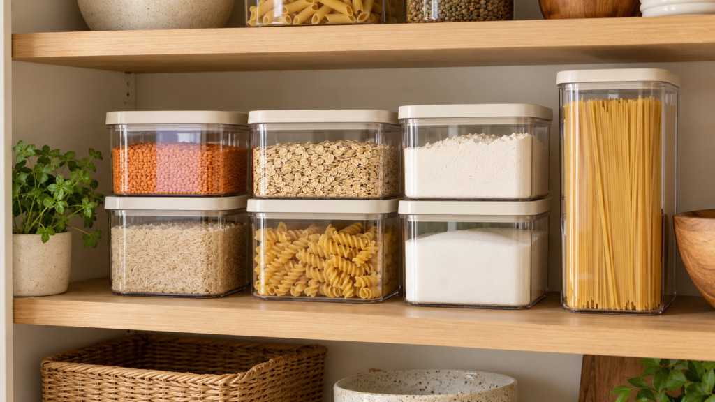 Clear food containers stacked two high on a wooden shelf holding rice, oats, lentils, pasta, flour, and sugar.