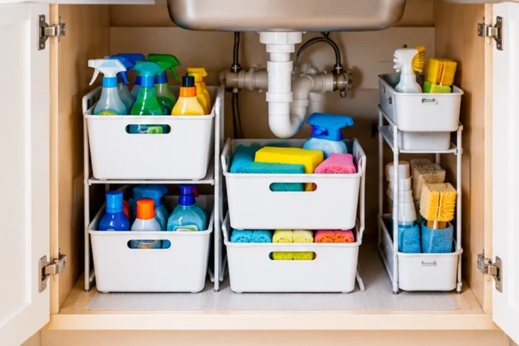 Stackable bins under a kitchen sink organizing cleaning supplies, sponges, and household essentials.