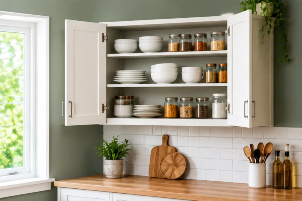 White wall-mounted kitchen cabinet with doors and shelves for plates, bowls, jars, and everyday essentials. Copy alt text